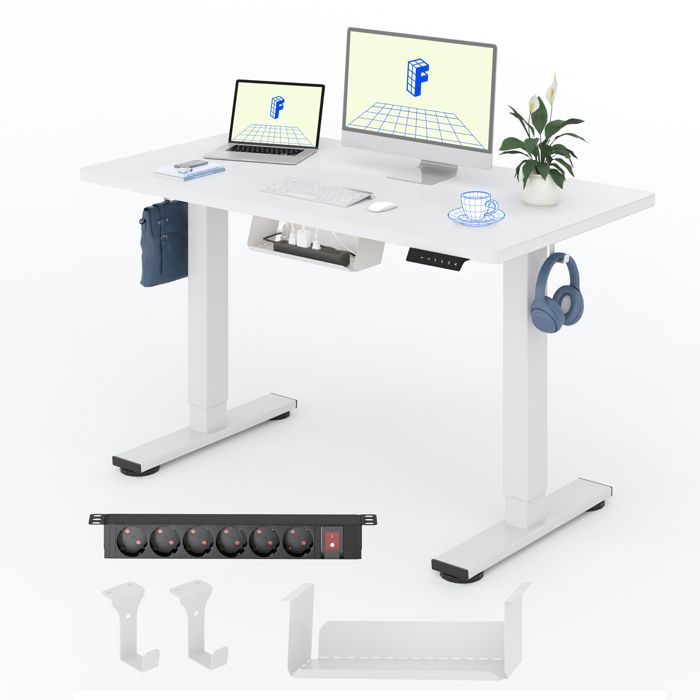 FlexiSpot Bureau Assis-Debout Électrique 100x60cm avec Multiprise Étagère de Bureau et Crochet Plateau dune Pièce Blanc