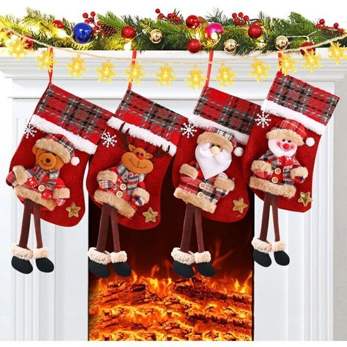 Chaussette de Noël - PZCC - 30 cm - Lot de 4 pièces - Motifs Père Noël bonhomme de neige renne ours