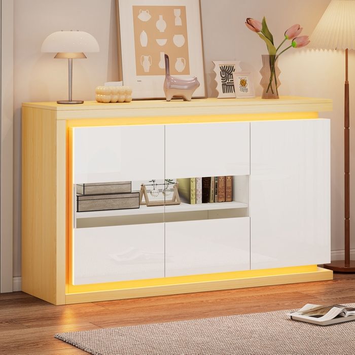 Buffet Blanc Brillant avec LED Meuble de Rangement Moderne avec 3 Portes - Meuble TV Blanc Laqué pour Salon - Cuisine ou Entrée