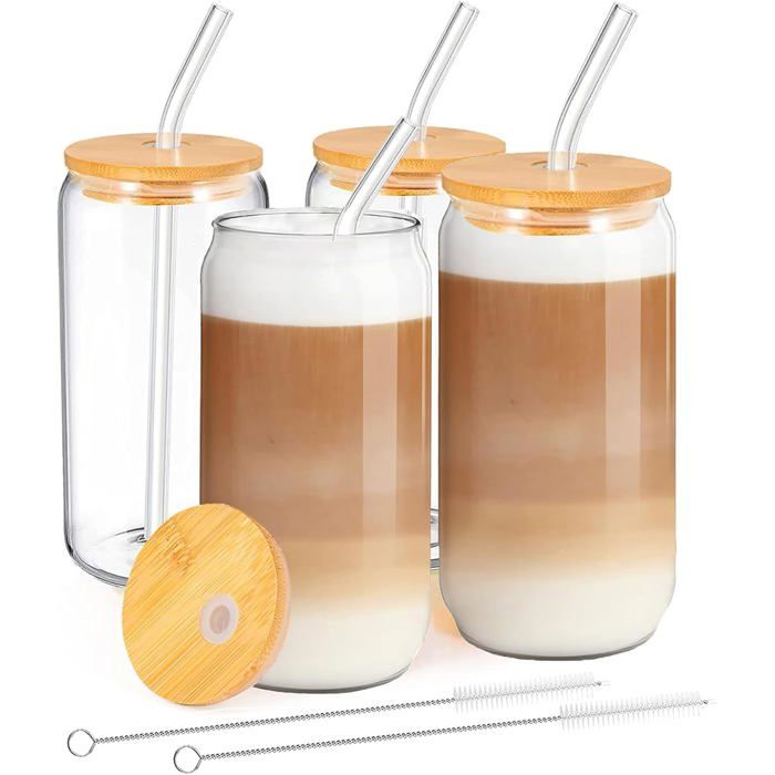 Verre avec Couvercle et Paille500ml Verre Smoothie Lot De 4 Tasses à Café Glacé avec Paille Gobelet pour Café GlacéCocktailSoda