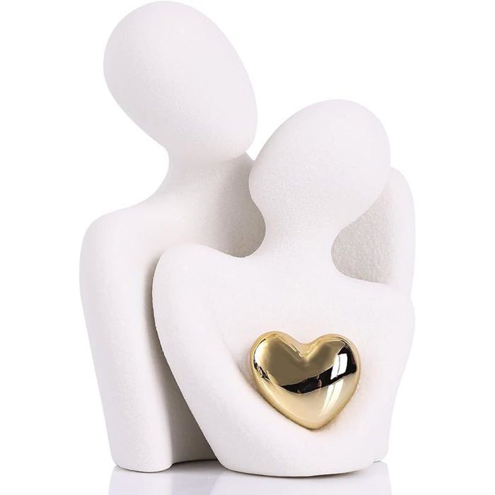 Statuette Couple Romantique en Céramique Bnche 8 cm Abstraite avec C ur Doré Figurine Amour pour 8 Cm Bnc