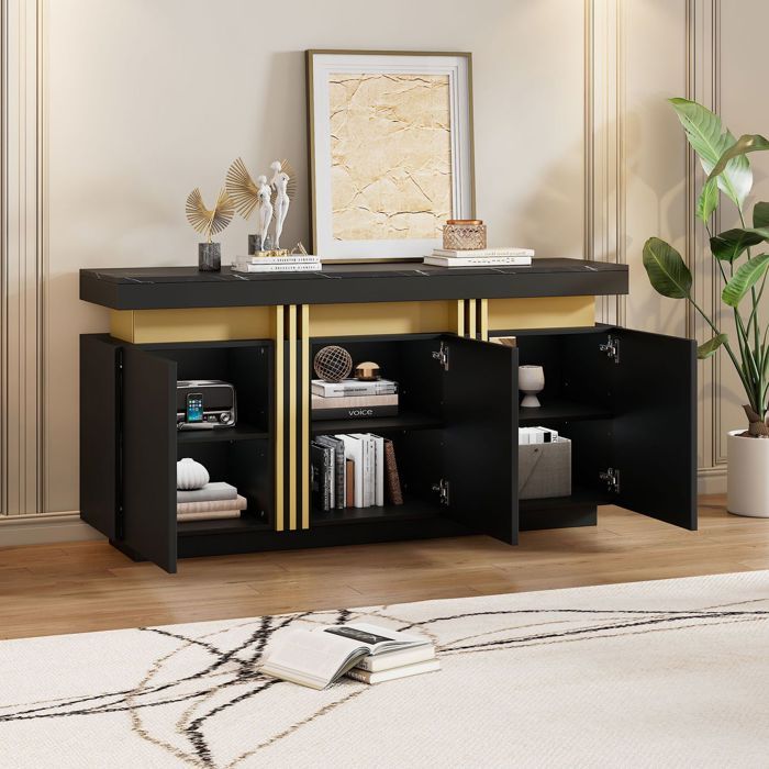 Buffet 140 x 38 x 70 cm Meuble de Rangement 3 portes cloisonnements réglables style moderne noir détails dorés poignées sans prise