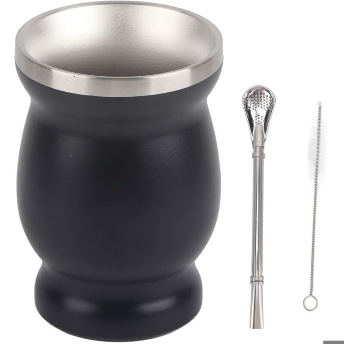 Yerba Mate Cup Tasses à Mate Traditionnelles Noires à Double Paroi de 230 ML Cuillère à Paille et Brosse Ensemble de Tasses Yerba