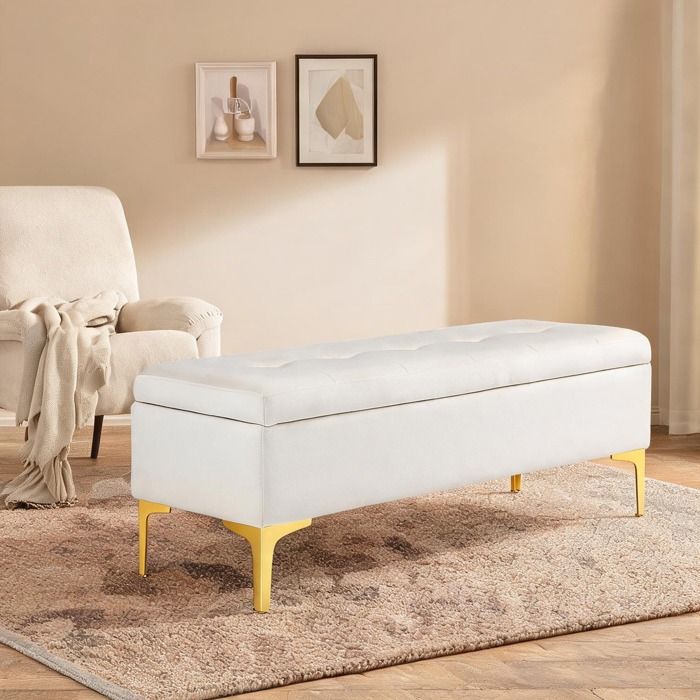 Banquette coffre lin beige 120 cm capitonnée pieds dorés pour chambre et séjour