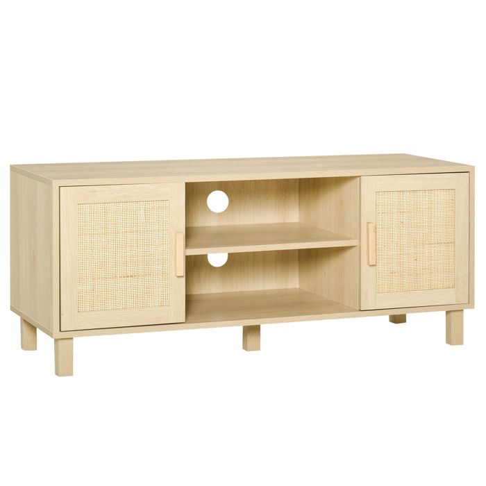 Meuble TV Banc TV 2 niches 2 placards Porte cannage en rotin dim. 115L x 40l x 48H cm MDF Aspect Bois Clair