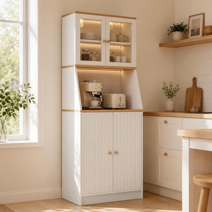 Buffet de cuisine haut avec éclairage LED Armoire de cuisine multi rangements avec étagères réglables 70x40x180cm Blanc