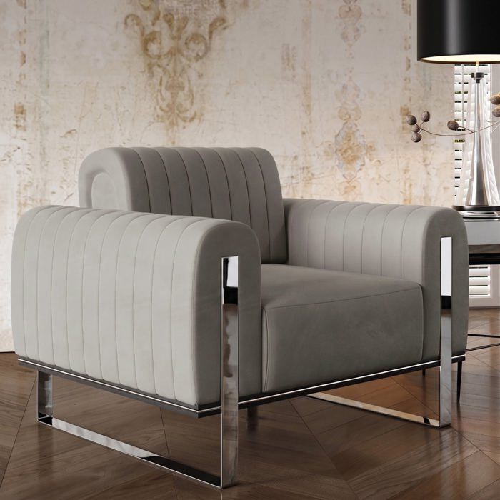 Fauteuil - Parissa - 106 cm - velours Gris clair pieds chromés Fauteuil - Parissa - 106 cm - velours Gris clair pieds chromés