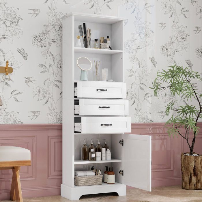 Armoire de salle de bain 3 Tiroirs 2 Étagères Ouvertes et 1 Porte - BEAUNIV - MDF Laqué Blanc 56×25 6×167 cm