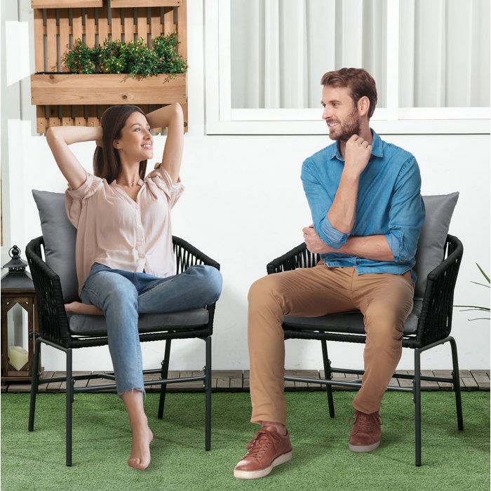 Lot De 2 Fauteuils De Jardin Noir Sieges Boho FloraGrace Pour Terrasse Coussins Dehoussables 57x60x71cm