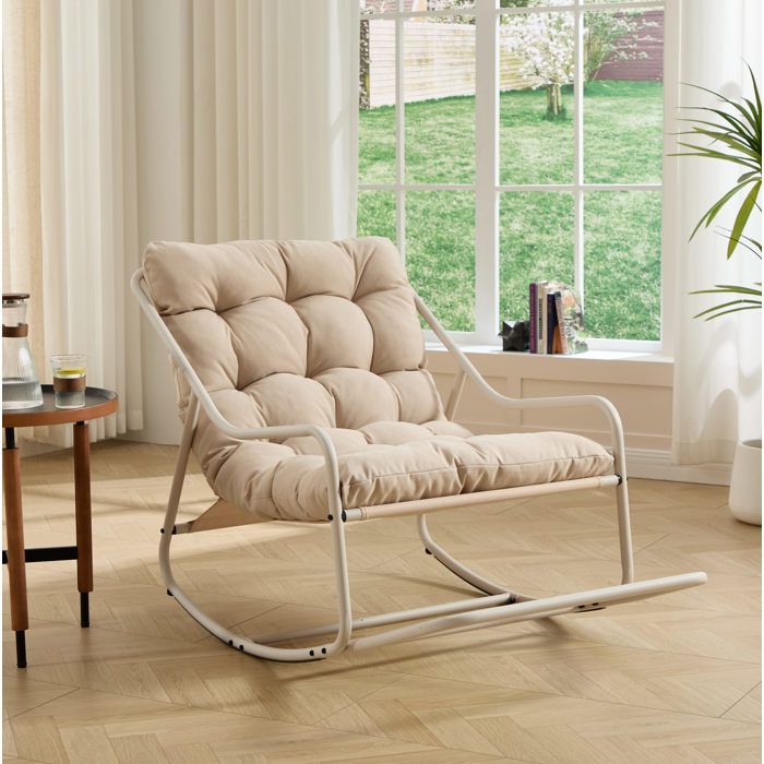 Fauteuil Bascule Beige Acier Fauteuil Relax Moderne FloraGrace Pour Interieur Exterieur Coussin Epais 75x116x82cm