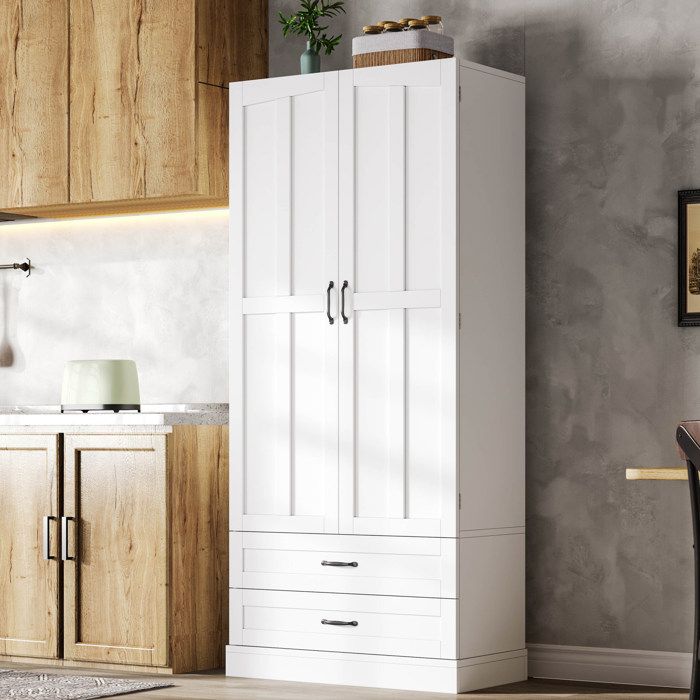 ULEVR Meuble haut de cuisine blanc en MDF 2 portes 2 tiroirs et 3 étagères extractibles 80 x 37 5 x 180 cm