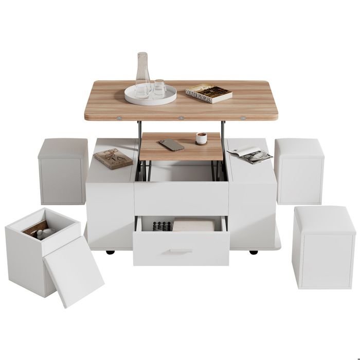 Table basse relevable multifonction 100 x 50 x 45 cm blanche et aspect bois naturel avec 4 tabourets tiroir roulettes