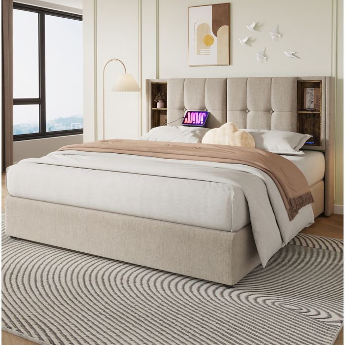 Lit 160x200 cm naturel VUENOR – coffre USB-C et recharge sans fil sans matelas