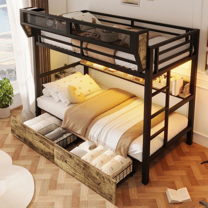 Lit mezzanine 2 Places en fer avec LED et 2 tiroir Lit superposé 90x200 avec étagère et panier de rangement Noir