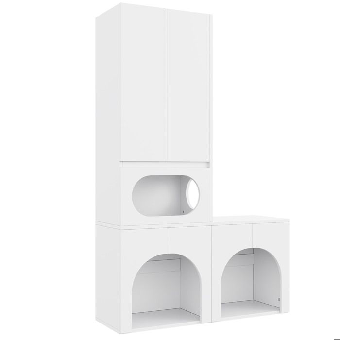 Meuble pour bac à litière chat et chien en MDF blanc double compartiment et rangement 140 x 45 x 195 cm
