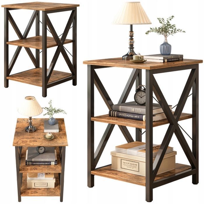 Table basse carrée industrielle en bois avec étagère rétro et rangement loft