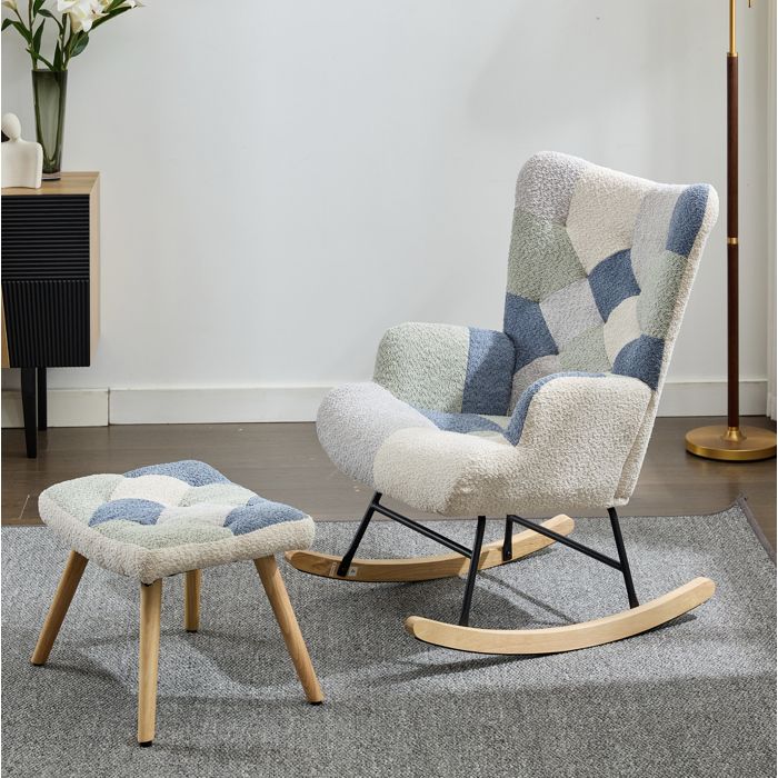 Fauteuil à bascule avec pouf - dossier amovible et pieds amovibles - pour salon ou bureau - en tissu - beige et bleu