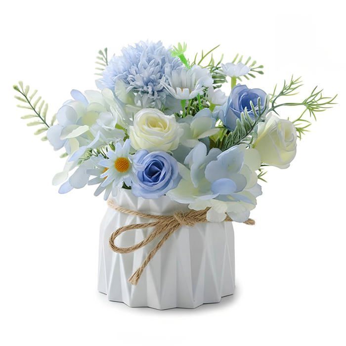 Bouquet de roses artificielles avec vase - GRANDSALEY - Bouquet en pot - Bleu glacier - Hypoallergénique - Intérieur