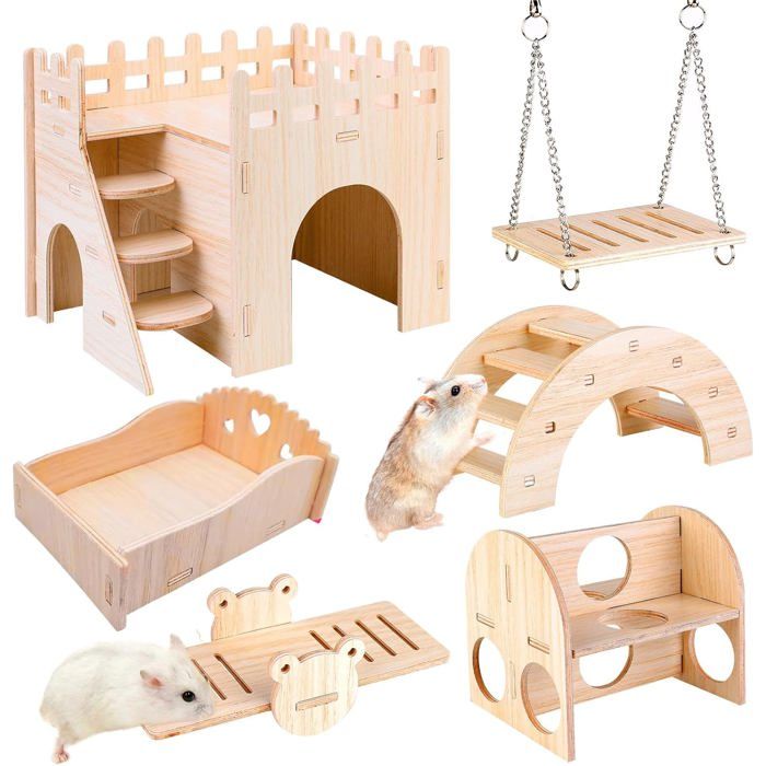 Lot de 6 jouets en bois - Cachette & pont à bascule - Jouet dentraînement - Accessoires pour cage