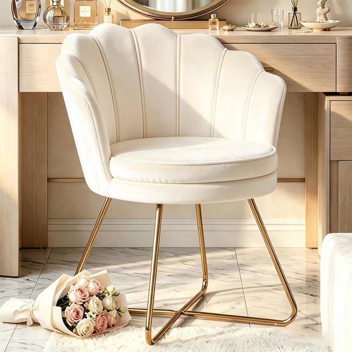Chaise coquillage velours doré pieds métal doré assise rembourrée 10 cm housse amovible pour salon ou chambre