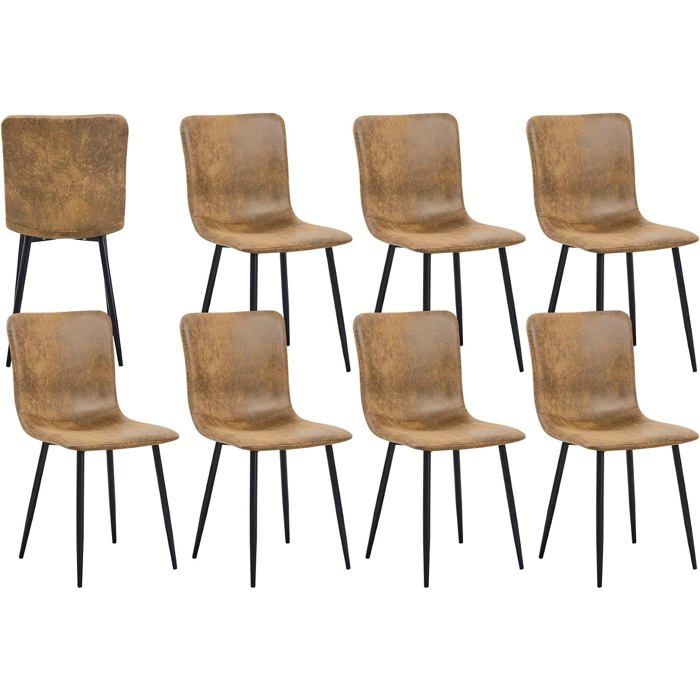 Lot de 8 chaises de salle à manger et salon effet daim marron rembourrées design vintage pieds en métal noir