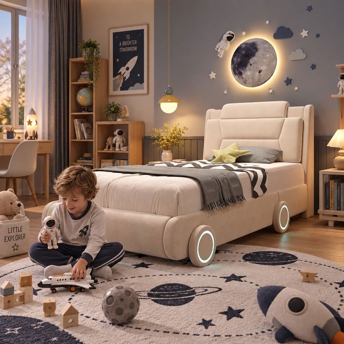 lit voiture enfant 90x200 cm - Lit rembourré simple avec roues LED - tête ajustable - flanelle crème - Beige