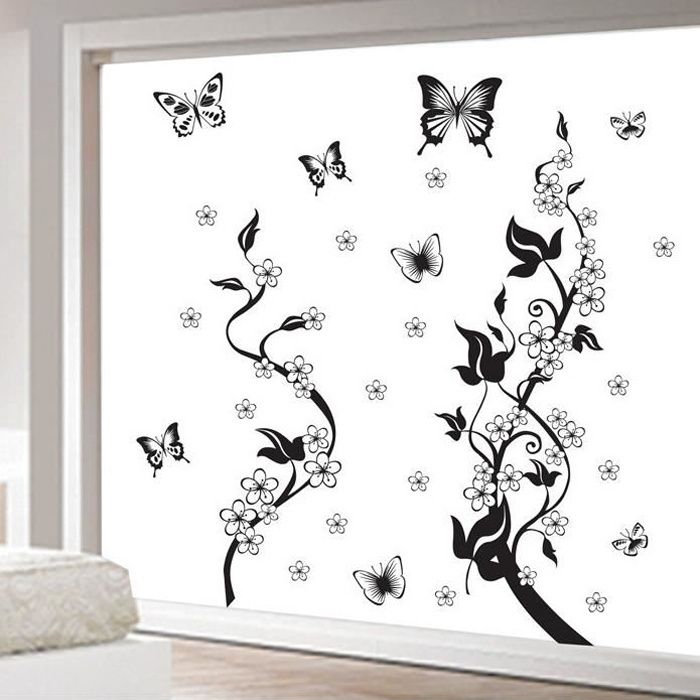 Noir Vigne De Fleur Et Papillons Stickers Muraux, Décoration Murale -  Cdiscount Maison