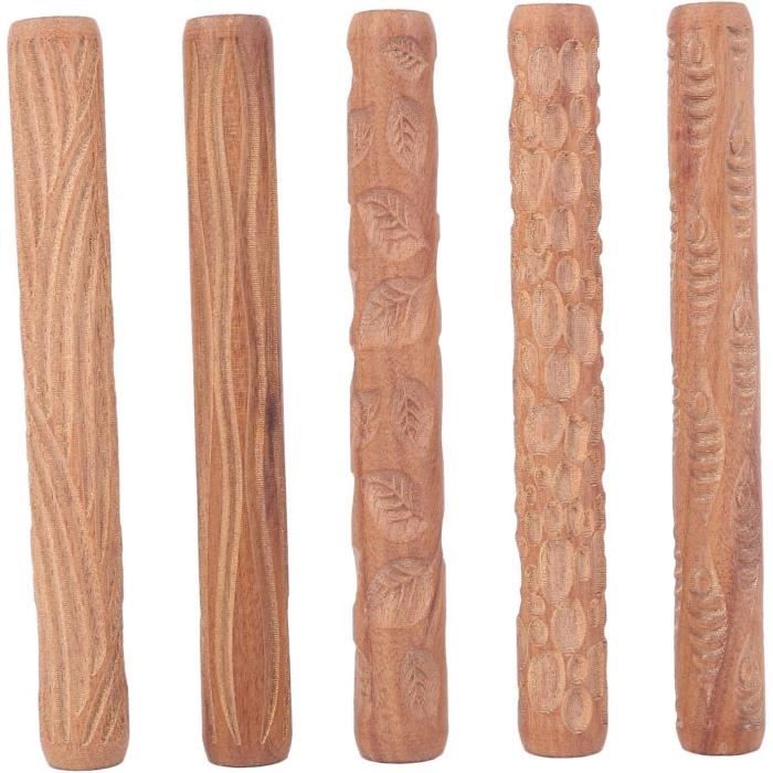 Jeu De 5 Rouleaux à Motifs Pour Argile/poterie - En Bois, Motifs Feuille, Poisson, Bois, Vague, Galet - Longueur 12 Cm
