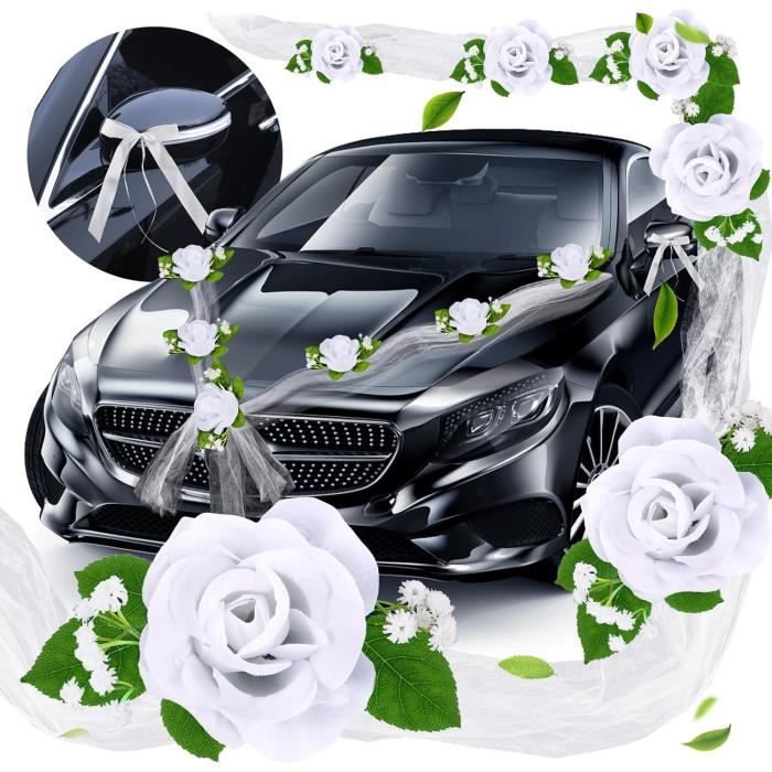 Nœuds Décoratifs Voiture De Mariage - Lot De 2 Avec Fleurs En Soie Et Ruban Satin - Vert Ou Blanc - Pour Rétroviseurs, Poignées, Décoration De Salle