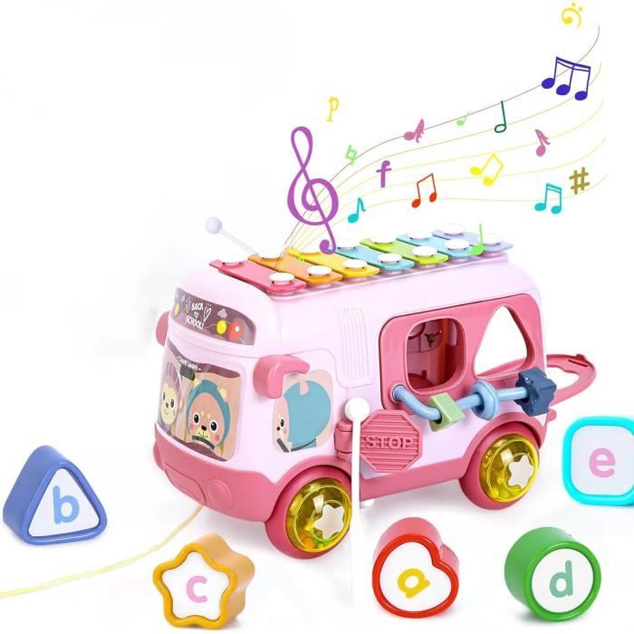 Jouets musicaux bébé 12 à 18 mois pour filles 1 an jouets sensoriels avec bus xylophone trieur de formes cadeau danniversaire