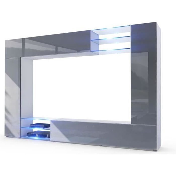 Vladon Combinaison murale Mirage Corps en Blanc mat - Façades en Gris haute brillance avec léclairage LED Vladon Combinaison murale Mirage Corps en Blanc mat - Façades en Gris haute brillance avec léclairage LED