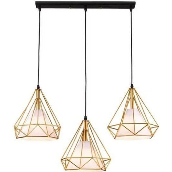 Lustre Suspension Cage En Fer Forme Diamant 25CM - Lampe Suspendue Vintage E27 Pour Salon, Restaurant Et Chambre (Or)