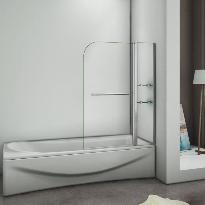 Pare-baignoire pivotant AICA - 100x140cm - 6mm verre trempé - étagères et porte-serviette
