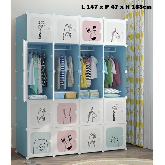 Armoire Penderie Bleu Meuble Rangement Enfant Avec Motifs D Animaux Cubes Cdiscount Puericulture Eveil Bebe