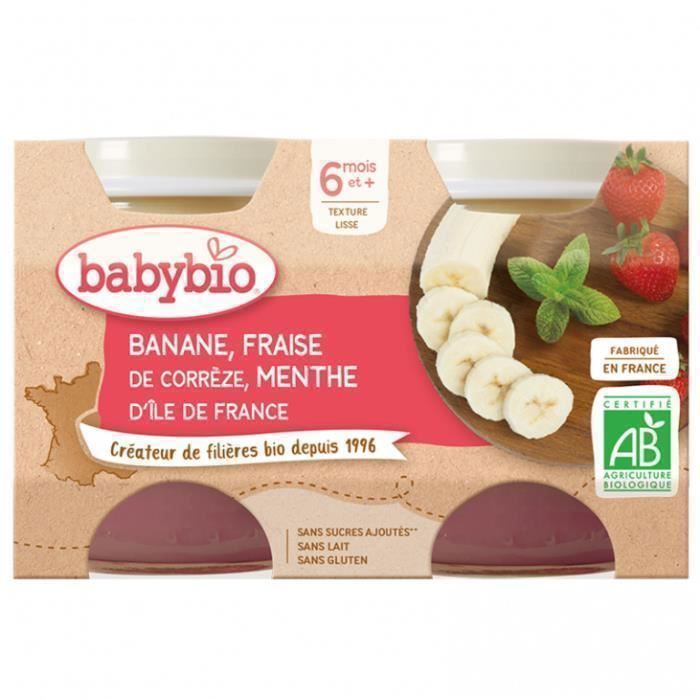 Babybio Petit Pot Bébé Banane Fraise Menthe Bio 2x130g Dès 6