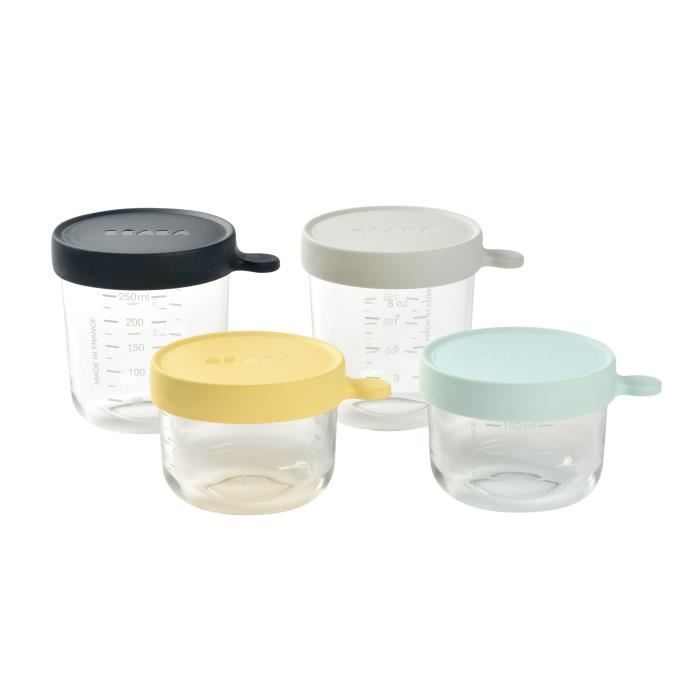 BÉABA Coffret 4 portions verre, pots de conversation (150ml yellow / 150ml light blue / 250ml dark b