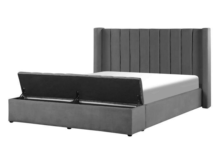 Lit double en velours gris avec banc coffre 140 x 200 cm NOYERS Lit double en velours gris avec banc coffre 140 x 200 cm NOYERS
