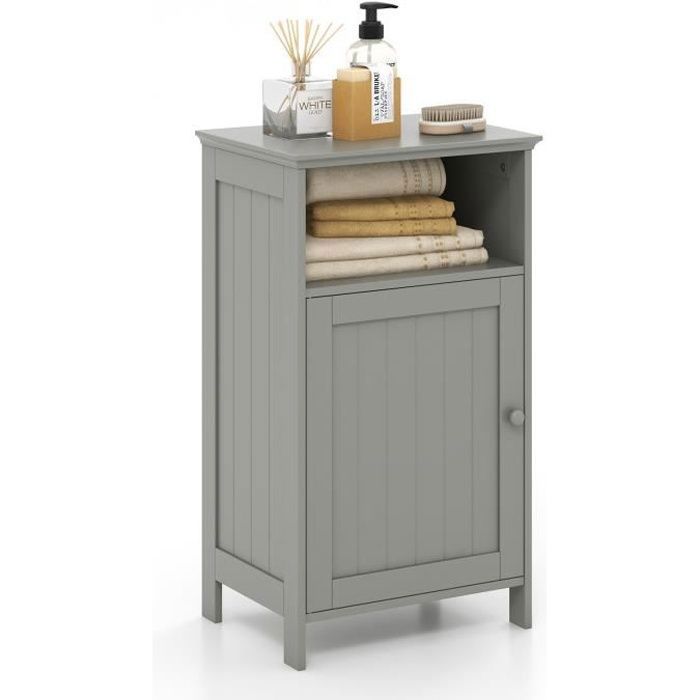 COSTWAY Meuble de Salle de Bain avec Porte Simple et Étagère Réglable de Rangement 45 x 30 x 84 CM en Bois pour Maison Salon Gris
