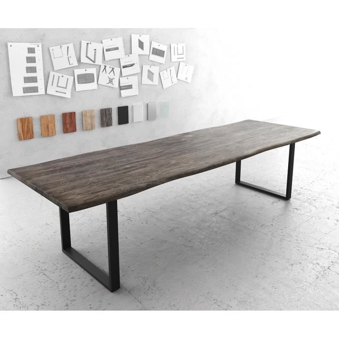 table de salle à manger edge acacia platine 300x100 - delife - cadre traîneau noir - 12 personnes - contemporain