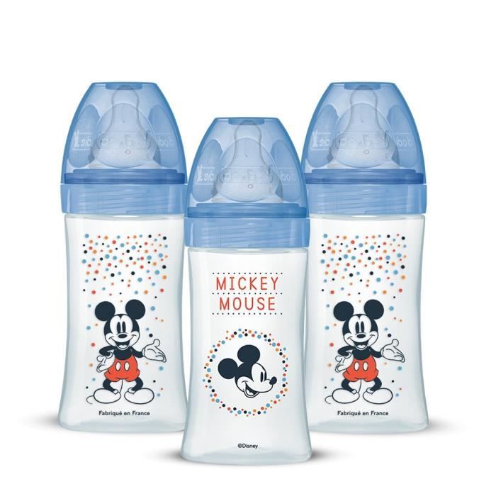 Lot de 3 Biberons DODIE Anti-Colique Initiation+ - Mickey - 270ml - 0-6 Mois - Tétine Ronde - Débit 