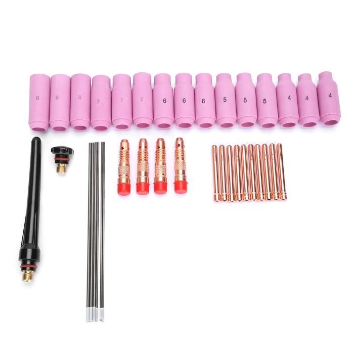Pour chalumeau WP17/18/26 WIG Lot de 36 accessoires de soudure TIG avec buse de gaz + manchon de serrage + boîtier de serrage + capuchon de brûleur + aiguille en tungstène Pour chalumeau WP17/18/26 WIG Lot de 36 accessoires de soudure TIG avec buse de gaz + manchon de serrage + boîtier de serrage + capuchon de brûleur + aiguille en tungstène
