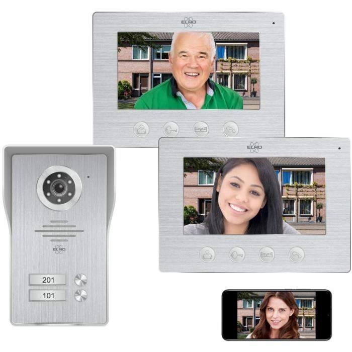 Interphone vidéo IP WiFi ELRO DV477IP2 pour 2 familles avec écran couleur 2x7 pouces et vue en direct