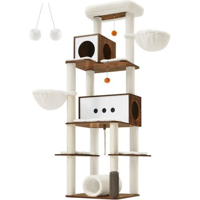 Arbre à Chat, Hauteur 197 cm, Multi-Niveaux, avec 2 Niches, 2 Paniers, 4 Griffoirs, Toiletteur, Tunnel, Plate-forme, Marron Rustique