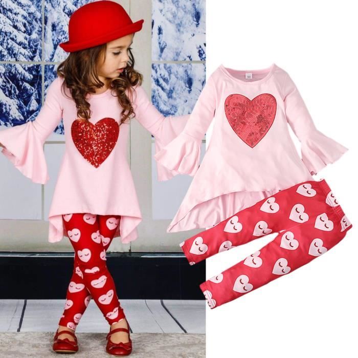 1-6 Ans 2 PCS Ensemble de Vêtements Bébé Fille : Haut Imprimé Cœur