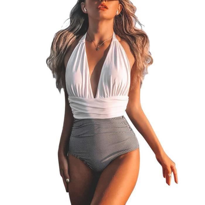 Maillot de Bain Femme 1 Piece Sexy Bikini Vintage Swimwear Retro Tankini Beachwear Blanc Femme Adulte blanc Cdiscount Pret a Porter
