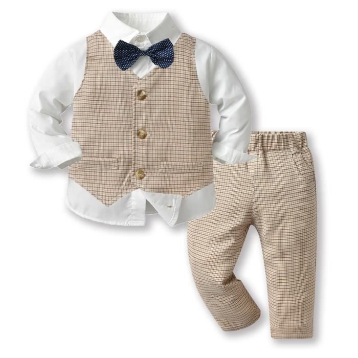 3Pcs B b Gar on Ensemble de Costume en Coton Carreaux Plaid en
