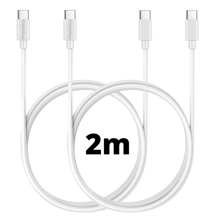 Lot 2 Cables USB-C Chargeur Blanc pour Xiaomi REDMI NOTE 8 PRO / NOTE 7 PRO  - Cable Type USB-C Port USB Data Chargeur Synchronisation Transfert Donnees  Mesure 1 Metre Phonillico® 
