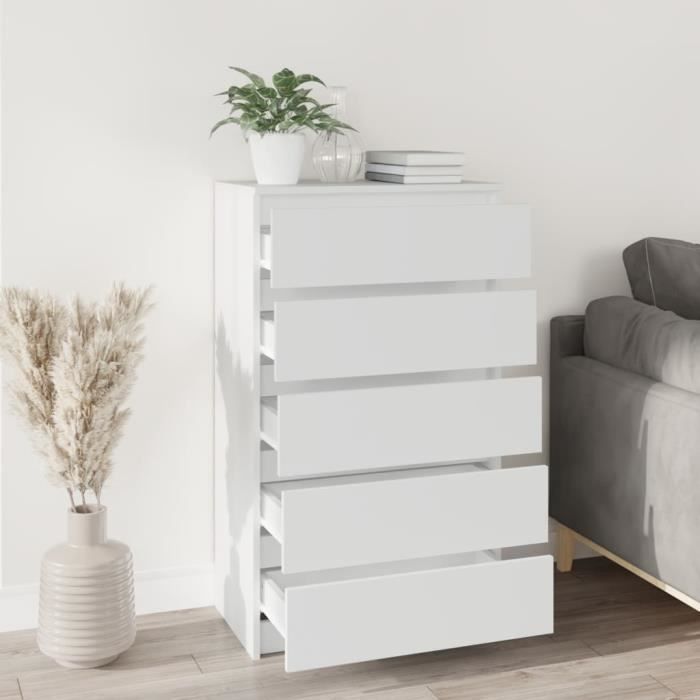 Commode Blanc - SALUTUYA - Simplicité durable - blanc - bois dingénierie - 60 x 36 x 103 cm (L x l x H) - JY901