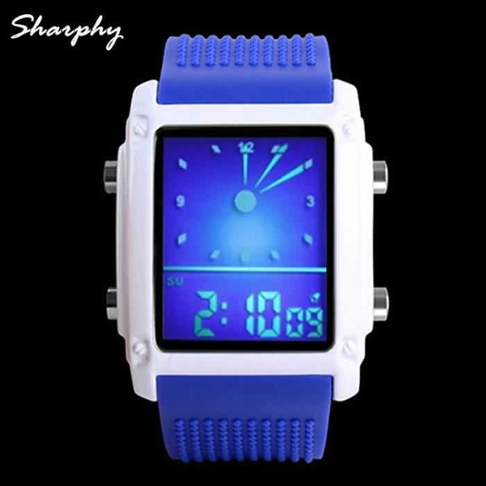 SHARPHY® Montre Homme de Marque double affichage numérique LED watch men Sport étanche le rectangle Couleur Bleu