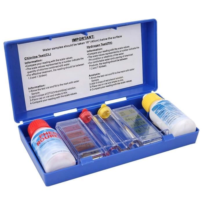 Kit Test Qualité Eau Piscine - Testeur PH Et Chlore Libre Avec Solutions Et Boîte De Rangement